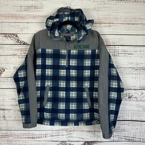 Women's Notre Dame Colosseum Fleece Nylon Hooded 1/4 Zip Blue Plaid Sweatshirt L